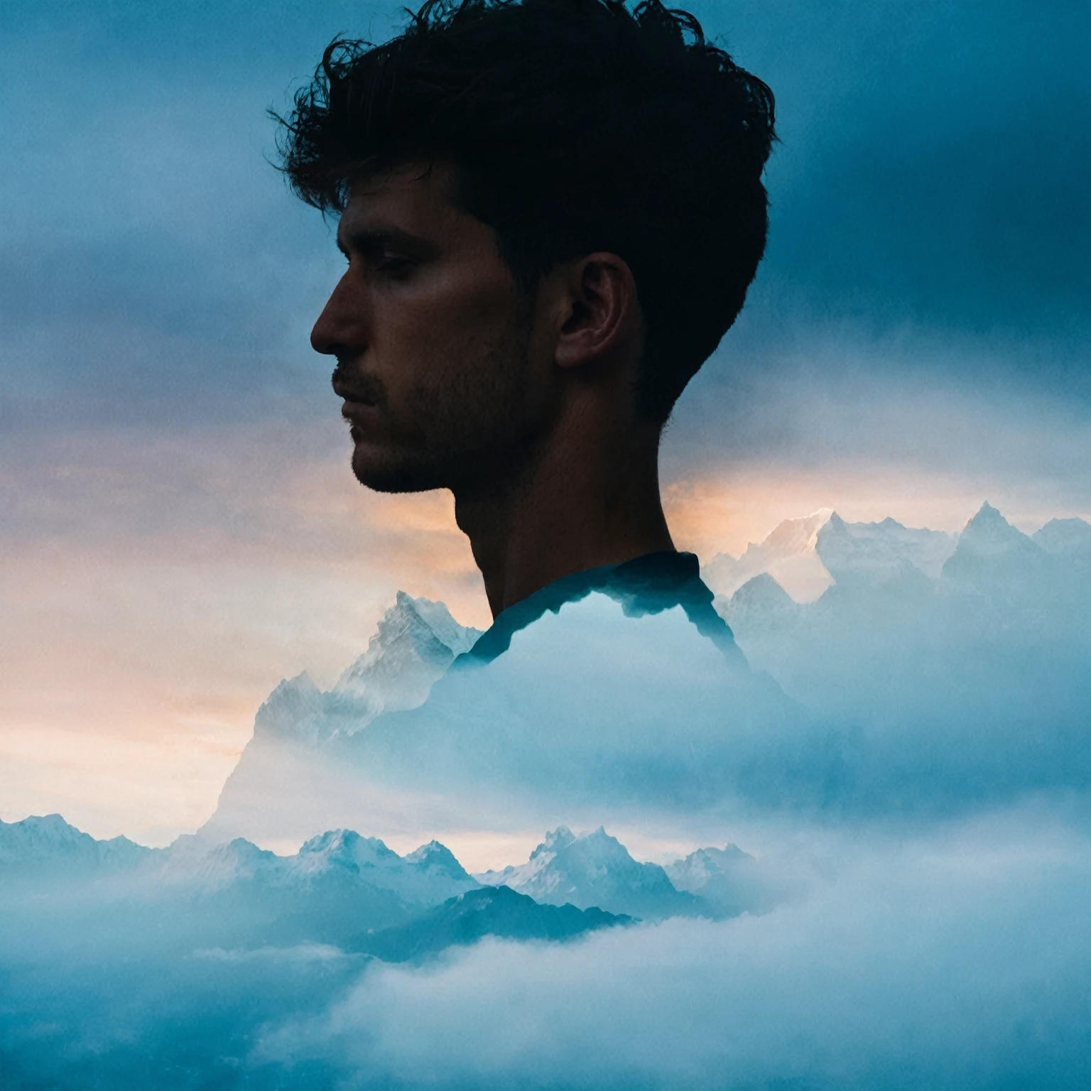 Double Exposure style of a man blended with a mountain