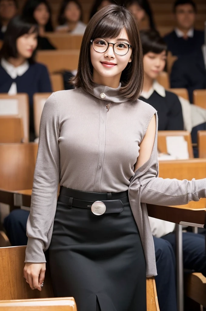 Adult feminine sex appeal、Sexy female scholar、Surrounded by female college students、University lecture hall, university psychology associate professor, ((full body)), ((photo)), ((best qualtiy, 8K, tmasterpiece:1.3)), Focus:1.2, perfect figure beautiful woman:1.41woman, cowboy shot, look at viewer, eyes facing the camera, incredibly absurd, beautiful and cute woman with a photorealistic face, showcasing top-quality craftsmanship, A Japanese woman giving a lecture at a university lecture hall, 27 years old, with a bob cut and flipped hair, short bangs swept at an angle, smooth and shiny hair, natural hairline, fair and smooth skin, plump and healthy cheeks, large, jet black eyes, round eyes, long and upward-facing eyelashes, double eyelids, thin and straight eyebrows, small and round nose, plump lips, upturned corners of the mouth, charming smile, cute face, glamorous, well-balanced proportions, tall, beautiful D-cup breasts, silver-rimmed glasses, pink blouse, black tight skirt, fashion with a waist-marked silhouette, scarf, heeled shoes, vanilla perfume, beautiful, pretty older woman, glasses suit her, knowledgeable, playful, curious, smart, elegant, November