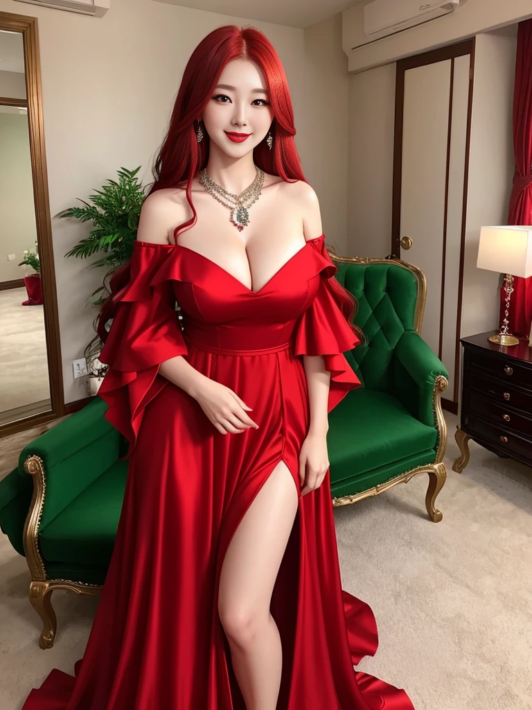 1girl, long hair, red hair, green eyes, red lips, red eyeshadow, diamond necklace, smile, blush, happy face, full body, huge breasts, mature female, korean girl, gown dress, long dress, off shoulder dress, living room,