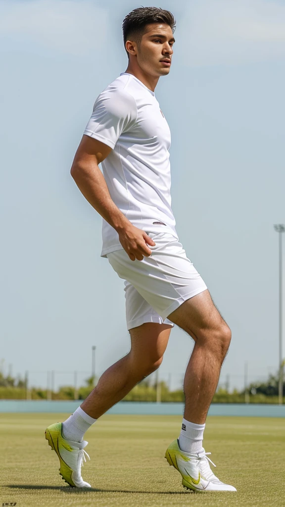 Football guy, 25 years, Peruvian nationality, full length, in motion scores a goal with one foot, wearing a white T-shirt and white shorts, Great quality, high detail, Profile view