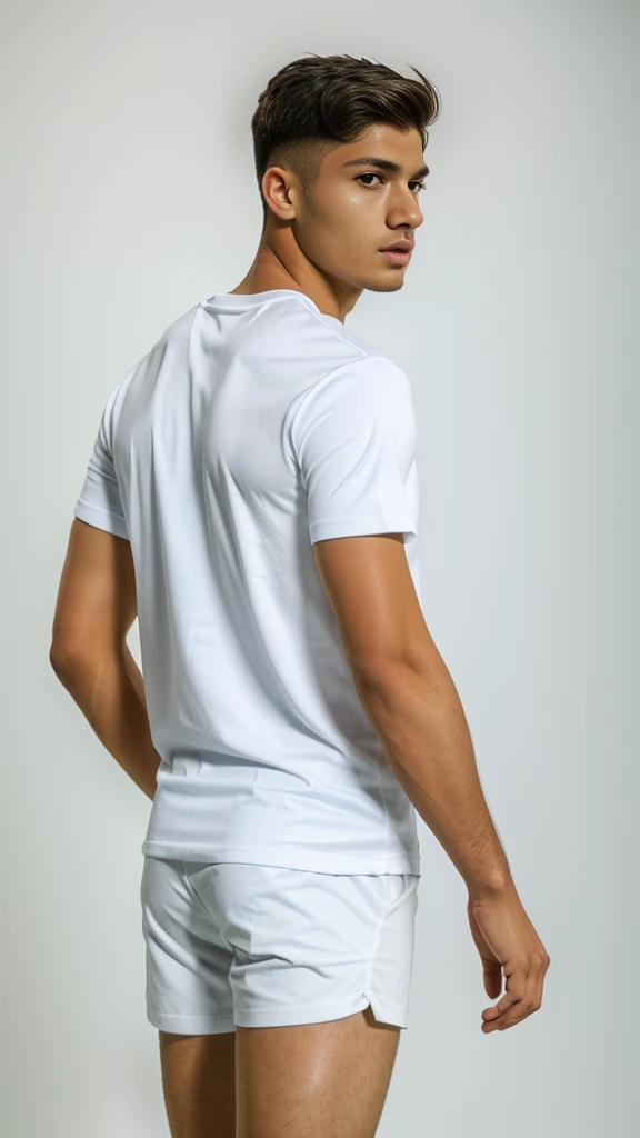 Football guy, 25 years, Peruvian nationality, full length, in motion scores a goal with one foot, wearing a white T-shirt and white shorts, Great quality, high detail, Profile view