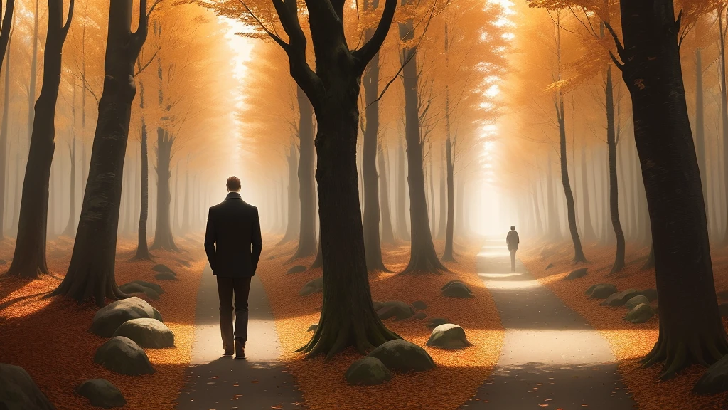 The man is now walking alone on a narrow forest path covered with fallen leaves, indicating the onset of autumn. Tall trees with golden and red leaves surround him, creating a tunnel-like effect. The sunlight filters through the branches, casting a warm, golden hue on the scene. His posture is slightly hunched, and he looks down, lost in his thoughts. The ambiance is reflective and somber.
