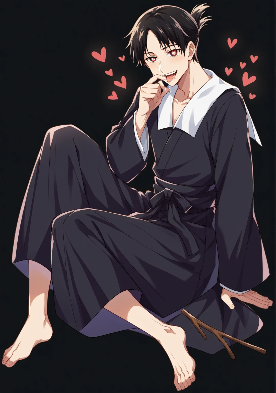 score_9, score_6_climb, source_anime, 1 man, alone, climbper body, Shinomiya Kaguya, conjunctivitis, black hair, black dress, white sailor collar,, Put your hand on your chin., Heart-shaped eyes, no pclimbils, smile softly, tooth, tsurime, black background , stick out your tongue, sexy, saliva, flirt, It has black wings., Hakama style kimono,Thondakar,full body