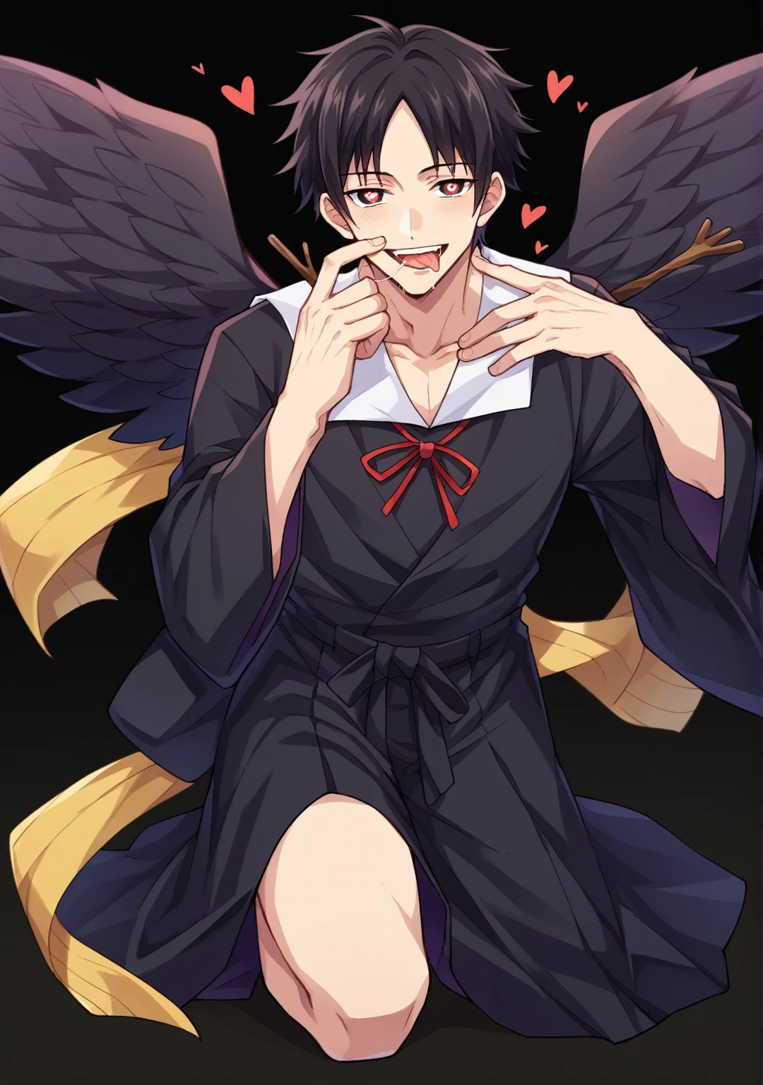 score_9, score_6_climb, source_anime, 1 man, alone, climbper body, Shinomiya Kaguya, conjunctivitis, black hair, black dress, white sailor collar,, Put your hand on your chin., Heart-shaped eyes, no pclimbils, smile softly, tooth, tsurime, black background , stick out your tongue, sexy, saliva, flirt, It has black wings., Hakama style kimono,Thondakar,full body