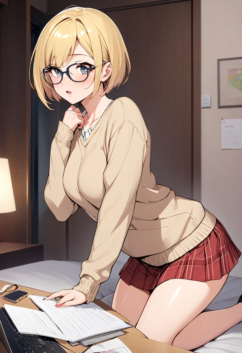 Hentai、Blonde short-haired housewife with glasses wearing a sweater and a flared skirt