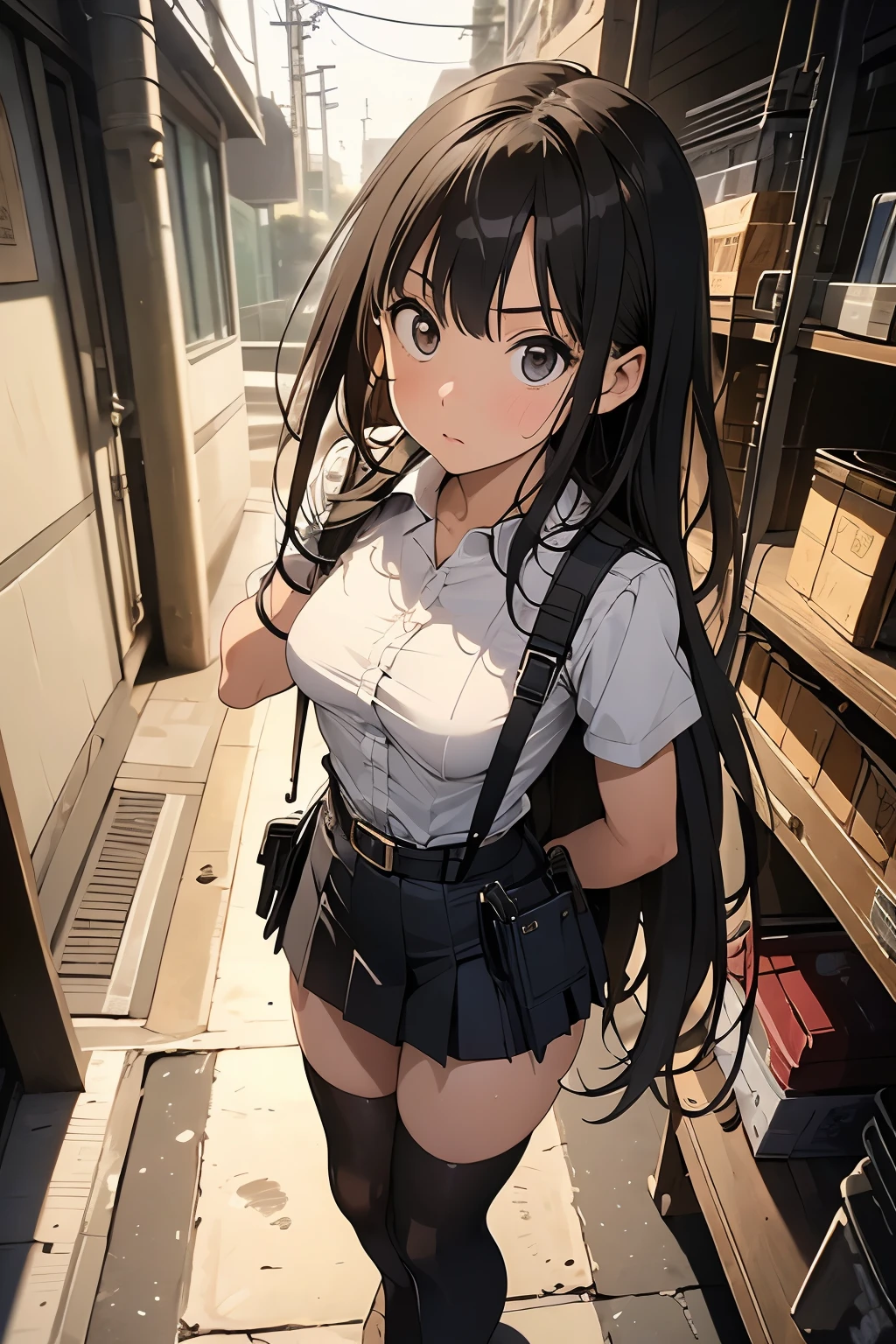 high quality, masterpiece, Ultra-high resolution, (realism: 1.4), Oil painting style, Cinema Lighting, , I stood on the empty asphalt road and looked at it., And the suspenders with the cranes flying　　Large Breasts　 　 　　　　Small face　 　　　holster　　　　　　　 Lying in bed　Looking up　　　　Sweat 　　　belt　summer　脇Sweat 　Black Hole Gloves　suit　　　　 mini skirt　garterbelt　Leg Links　ズボンにbelt　　holster　 　　Hands behind your back　 Anxious expression　Looking up　Anxious face　Knee-high　Knee socks　Knee-highソックス garterbelt　garter　ふとももにgarterbelt