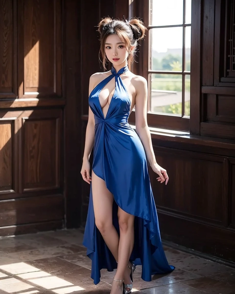 Beautiful Chinese waifu, early 30s, brunette hair, blue dress