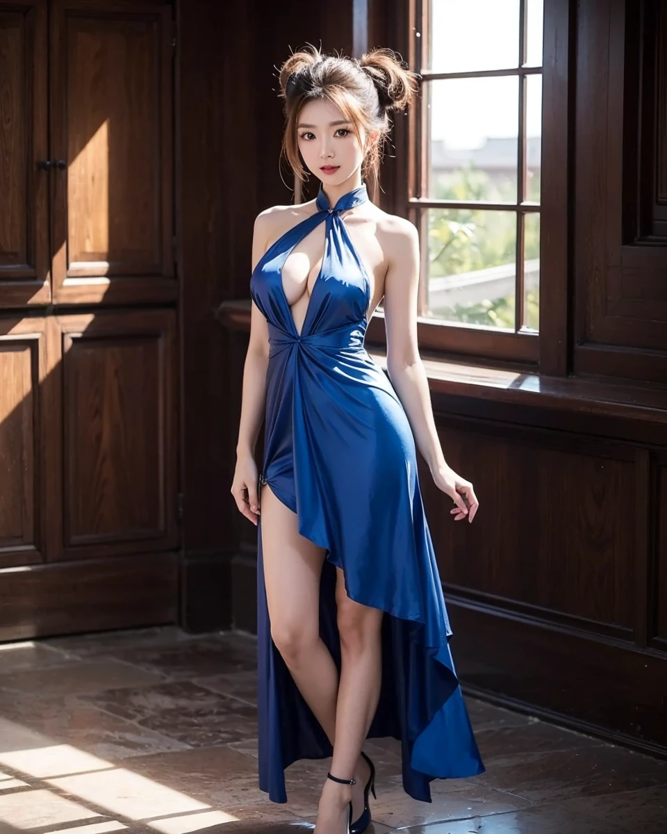 Beautiful Chinese waifu, early 30s, brunette hair, blue dress