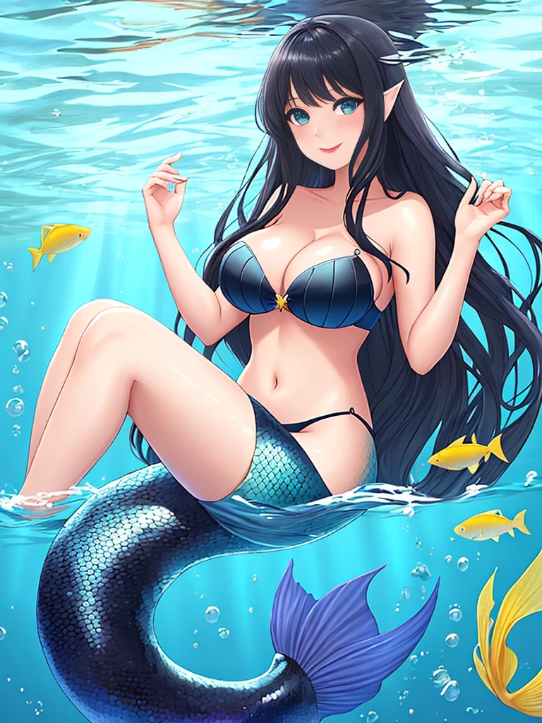 1girl, dark girl, mermaid, mermaid tail below waistline, long hair, black hair, blue eyes, red lips, pink eyeshadow, smile, blush, happy face, full body, large breasts, mature female, underwater, yellow mermaid tail,