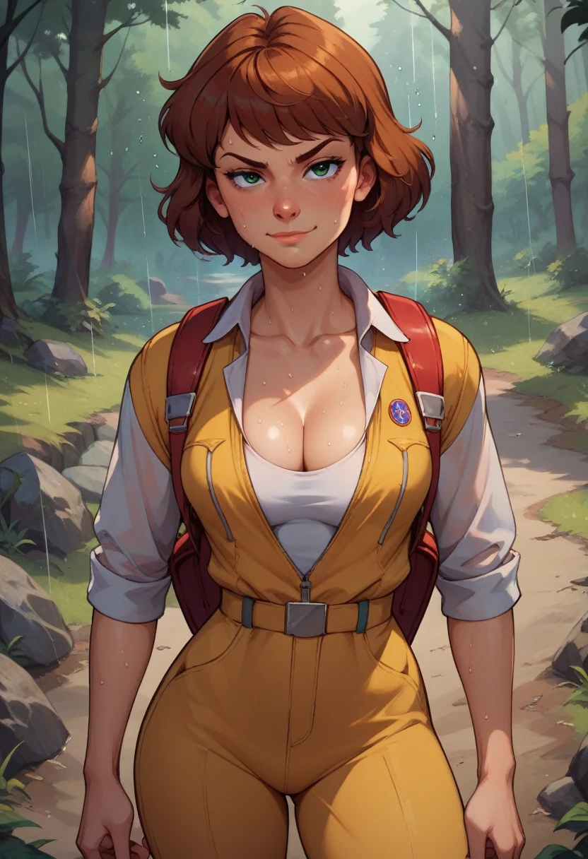 score_9, score_8_up, score_7_up, score_6_up, BREAK Triss merrigold, backpack, cleavage, medium breasts, seductive smirk, hands holding own hips, sweating, wide hips, big ass, in a forest, raining, frontal shot