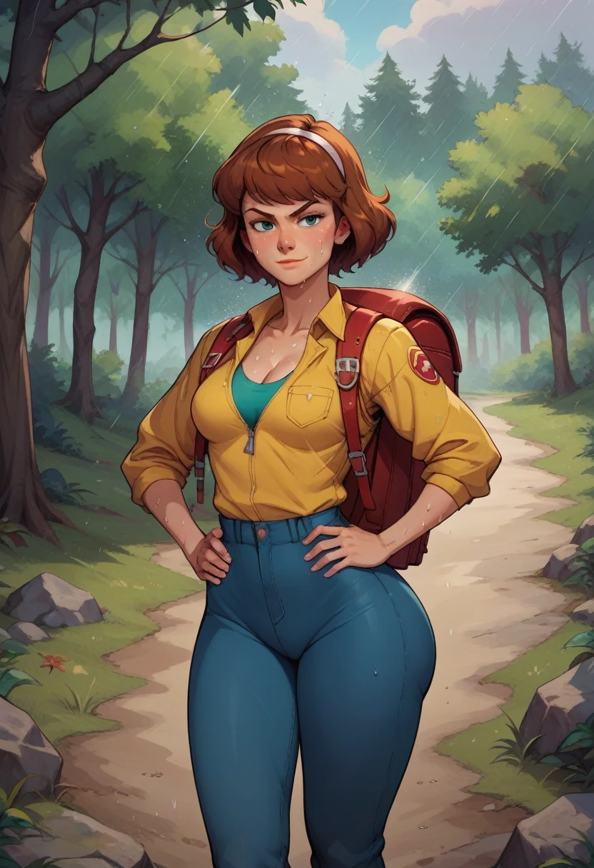 score_9, score_8_up, score_7_up, score_6_up, BREAK April o'neil, backpack, cleavage, medium breasts, seductive smirk, hands holding own hips, sweating, wide hips, big ass, in a forest, raining, frontal shot