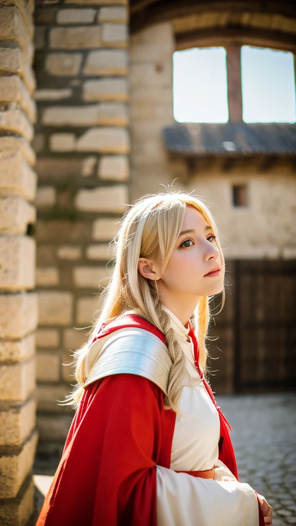 a lot, front, Portraiture, Beautiful girl with medium length blonde hair, Outdoor, Backlight, Soft Light, Medieval, France, holding red flag, look up, red, green, white, sexy,Cosplay,Kanroji Mitsuri