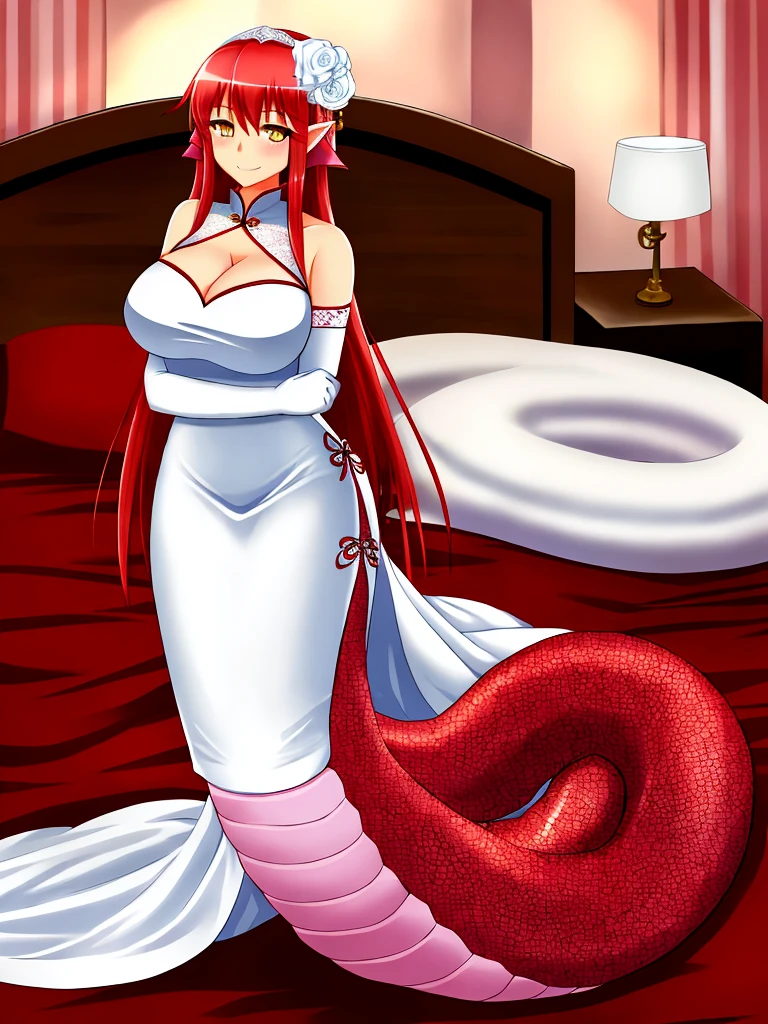 1girl, red lamia, scales, tail, full body, smile, long hair, red hair, yellow eyes, blush, happy face, bedroom, wedding dress, chinese girl, mature female, huge breasts, elbow gloves, white gloves,