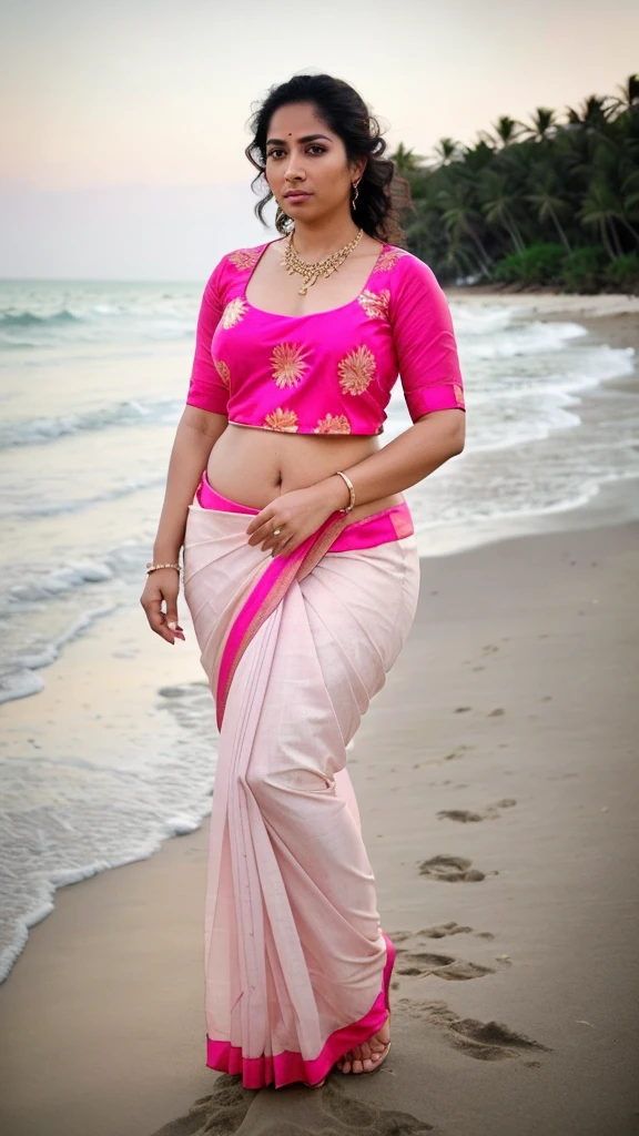 A woman round neck blouse and saree, round face, angle face, beautiful face,good figure,big cheeks, curvy,, swooping breasts, open arms, sexy armpits,big penis, nipples, ass, necklace, (cinematic:1.3), intricate details, (ArtStation:1.2)araffe woman in a round neck blouse and saree sitting on the beach with her legs crossed, wearing pearl neon round neck blouse and saree, in the beach, on a sunny beach, at the beach, on a beach, on the sand, posing on the beach, cute round neck blouse and saree, in bikini, gorgeous round neck blouse and saree model, neon vibes, on the beach, at a beach, 2 4 year old female model