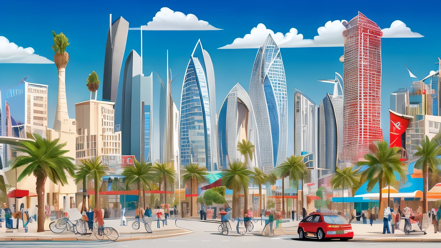 ((best quality)), ((masterpiece)), (detailed), A digital illustration of a cityscape with people of different ages and ethnicities engaged in various activities such as walking, biking, and shopping. The city has tall buildings and palm trees, and the Qatar flag can be seen in the background.