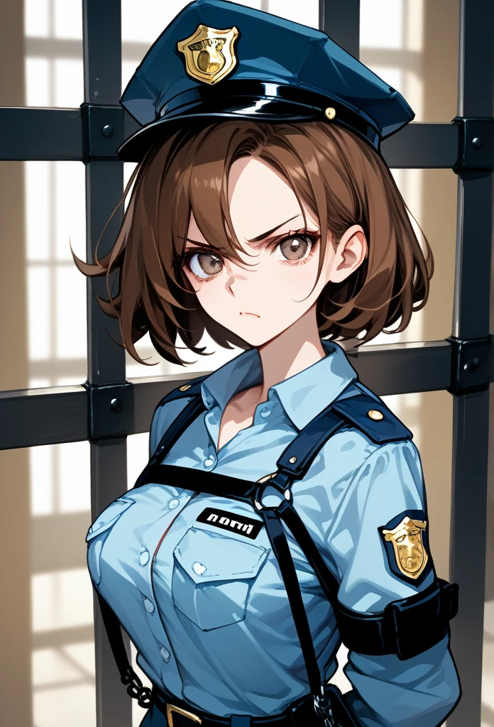 masterpiece, best quality, mature woman, mature face, trimmed hairstyle, brunette hair, mature face, hot face, sharp eyes, medium breasts, curvy body, hazel eyes, police outfit, looking at viewer, tough appearance, prison cell, jail cell, (looking serious), pissed off face, glaring eyes, angry expression, (chained up, restrained)