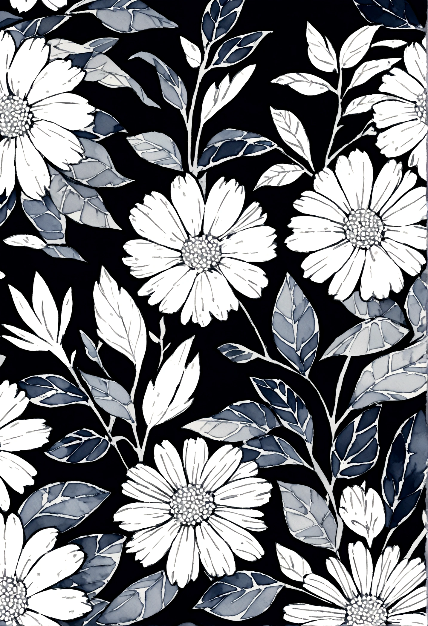 floral wallpaper , flower, beautiful, watercolor style, flower and leaf patterns, muted, indigo, flat illustration, clean, vector image, masterpiece, professional, isometric, bright vector, white background, dry brush, brush strokes. expressive marks. monochrome. minimal. simple.