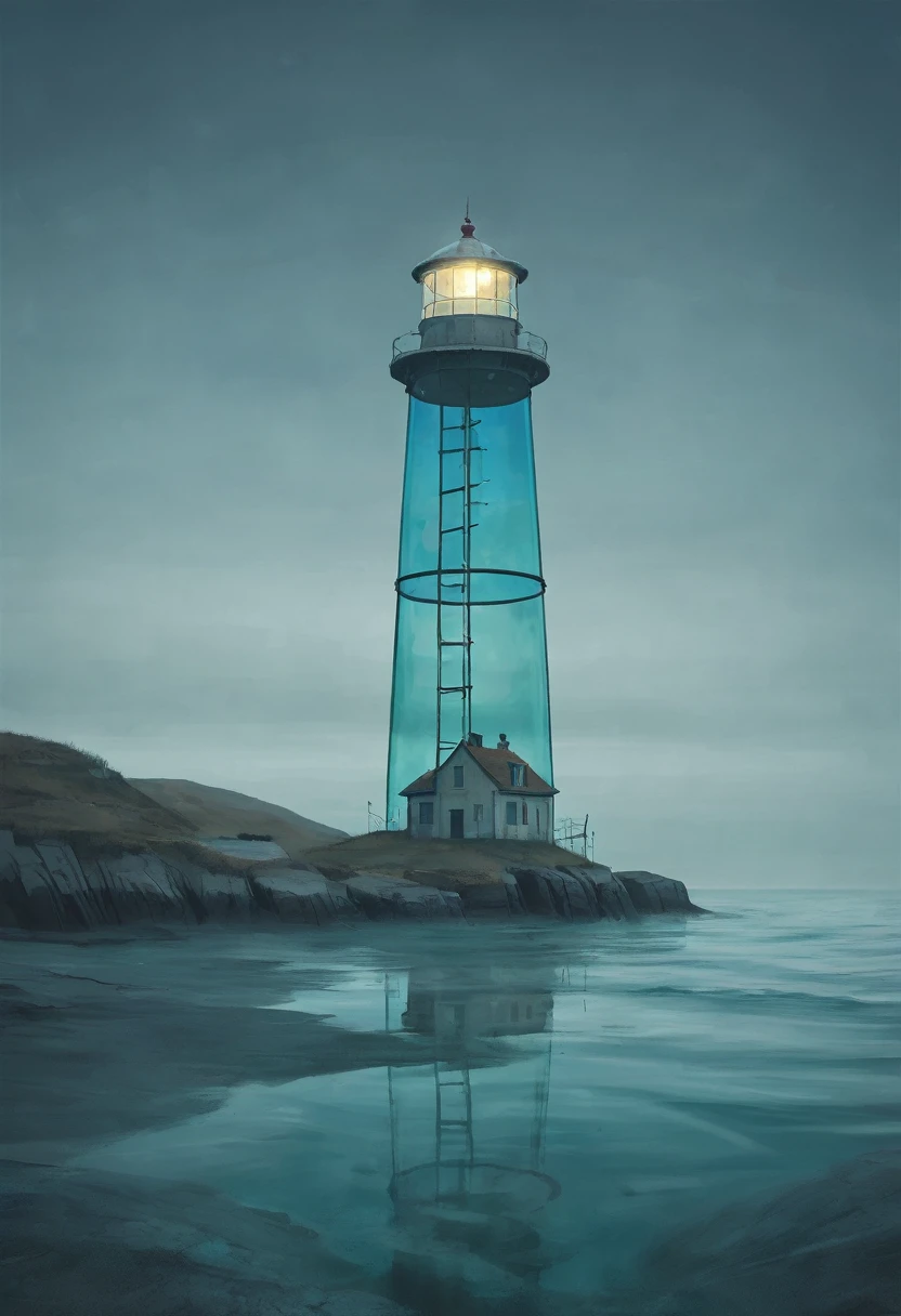Sea temperature, Strange transparent glass lighthouse in surreal landscape