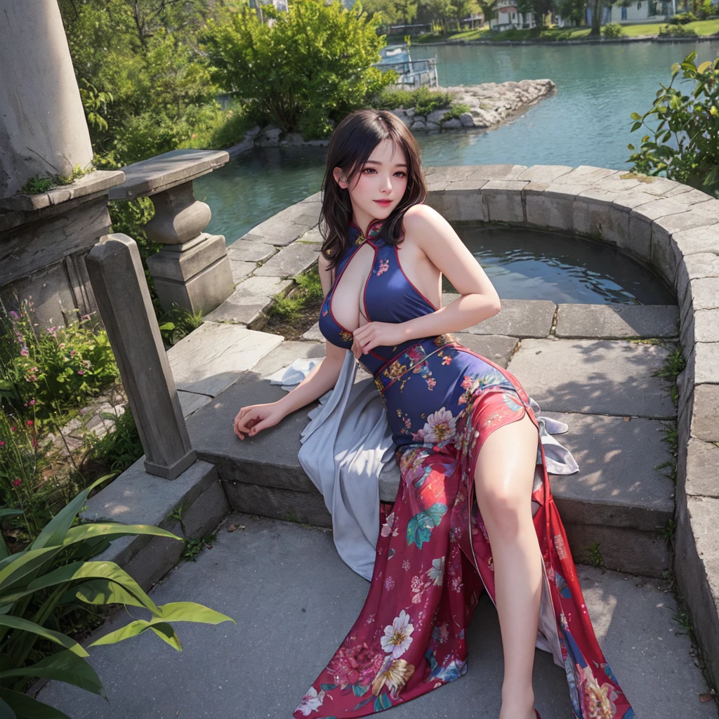 (best quality), masterpiece, Extremely detailed CG8K painting, high color, Extremely high color saturation, All colors are deepened, central composition, Extremely detailed light and shadow, The face and eyes are very detailed, medium length hair, sportswear, colorful clouds,beautiful nature,landscape,cheongsam,Chinese hairstyle,red eyes,Medium breasts,Long legs are exposed,Show cleavage,Clothes with holes in the chest