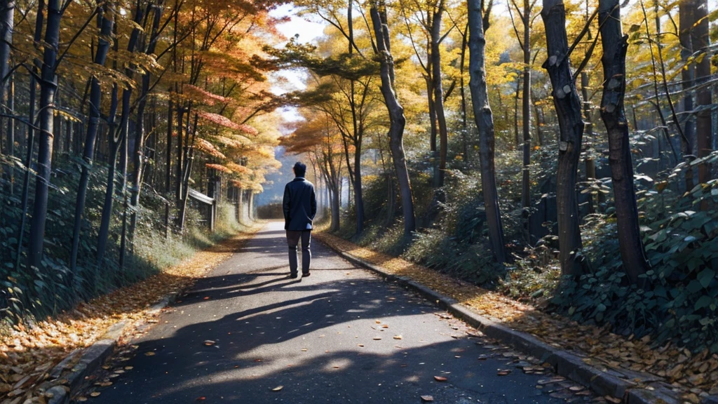Scene 10:

The man is now walking alone on a narrow forest path covered with fallen leaves, indicating the onset of autumn. Tall trees with golden and red leaves surround him, creating a tunnel-like effect. The sunlight filters through the branches, casting a warm, golden hue on the scene. His posture is slightly hunched, and he looks down, lost in his thoughts. The ambiance is reflective and somber.