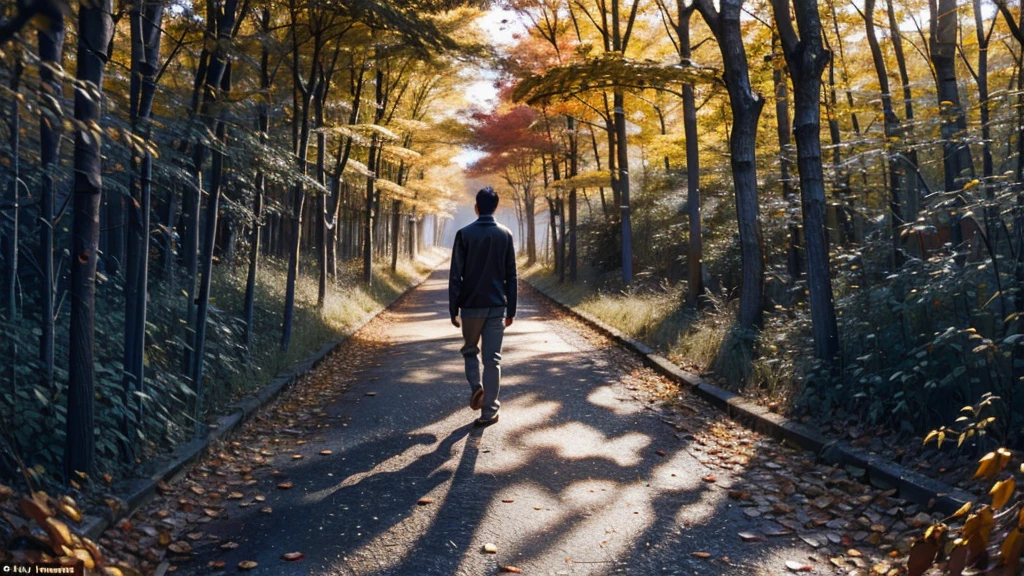 Scene 10:

The man is now walking alone on a narrow forest path covered with fallen leaves, indicating the onset of autumn. Tall trees with golden and red leaves surround him, creating a tunnel-like effect. The sunlight filters through the branches, casting a warm, golden hue on the scene. His posture is slightly hunched, and he looks down, lost in his thoughts. The ambiance is reflective and somber.