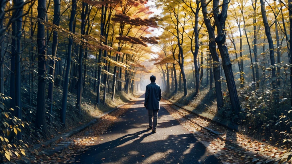 Scene 10:

The man is now walking alone on a narrow forest path covered with fallen leaves, indicating the onset of autumn. Tall trees with golden and red leaves surround him, creating a tunnel-like effect. The sunlight filters through the branches, casting a warm, golden hue on the scene. His posture is slightly hunched, and he looks down, lost in his thoughts. The ambiance is reflective and somber.