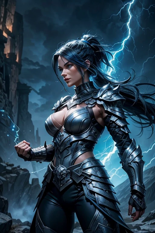 MILF, evil beautiful and muscular Nordic female storm giant with blue black hair in a ponytail, older and mature looking , throwing a lightning bolt, glowing tattoos, wearing steel runic plate mail Armour , temple cave background with lightning storm, glowing blue eyes 