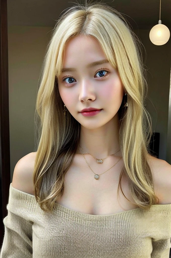 1 girl in, 19yearsold, standing alone, long hair, Colossal , gazing at viewer, hair blonde, bared shoulders, eyes browns, jewelry, whole body, a necklace, off the shoulders, Sweaters, realisitic, A sexy