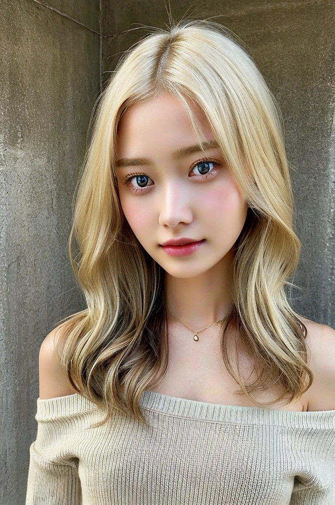1 girl in, 19yearsold, standing alone, long hair, Colossal , gazing at viewer, hair blonde, bared shoulders, eyes browns, jewelry, whole body, a necklace, off the shoulders, Sweaters, realisitic, A sexy