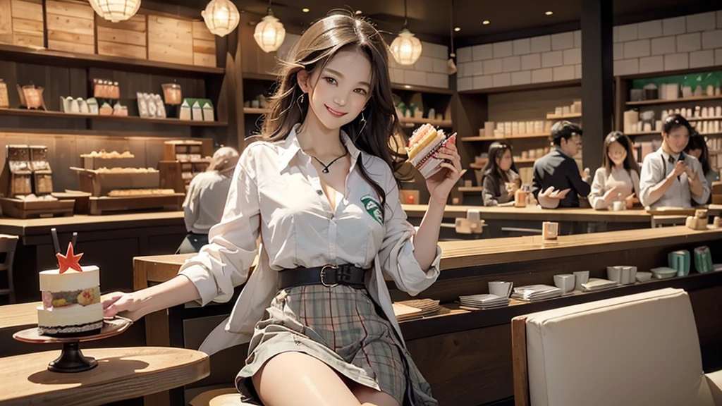 8K、RAW Photos、Highest quality、Super detailed、Super Resolution、Ultra HD、8K壁紙、Amazing details blazer uniform girl ((White blouse with formal collar, Red blazer, 
Black plaid skirt, Red checkered ribbon on blouse)), Complete limbs, Full Finger, 
(((((Starbucks)))))、(((((Cafe table with ocean view)))))((16 year old female student))、(((((Eat cake、Drink coffee、smile)))))、(((Heart Necklace、Gold bracelet)))
((((Emphasize cleavage))))
((((Full body photo、The whole body is visible、Full body portrait))))
