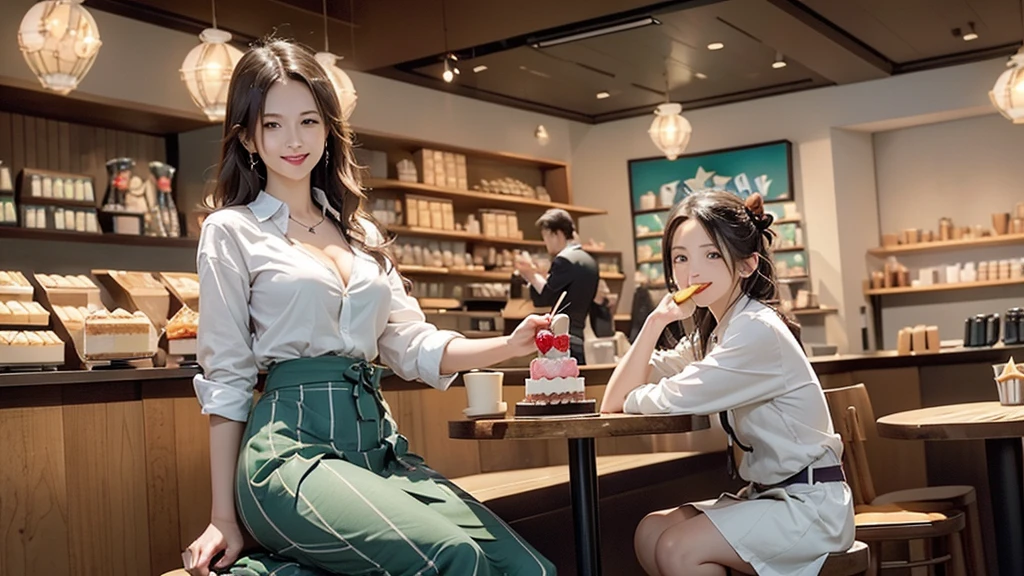 8k、RAW Photos、Highest quality、Super detailed、Super Resolution、Ultra HD、8k wallpaper、Amazing details blazer uniform girl ((White blouse with formal collar, Pink Blazer, Black plaid skirt, Red checkered ribbon on blouse)), Complete limbs, Full Finger, (((Small hands)))
(((((Two Women)))))
((((((Inside the Starbucks store))))))、16 year old female student、
(((((Eat cake、Drink coffee、smile)))))、
(((Heart Necklace、Gold bracelet)))
(((Emphasize cleavage)))
((((Woman sitting at the window seat))))
((((White skin))))
((((Full body photo))))
