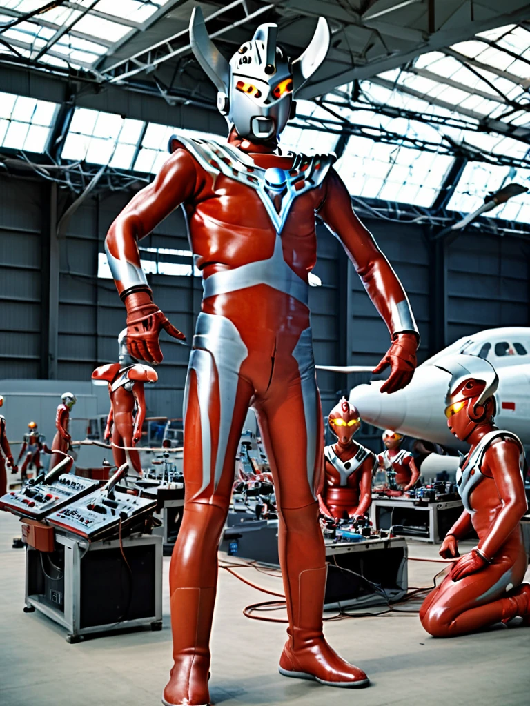 Distant view, auction hall, photo realistic, 35mm films, ultrares, 4k, gay, bara, NSFW, Ultraman Taro, Aerial view, A huge metal platform in a huge hangar, A huge Ultraman Taro lies there in cardiac arrest, Tiny human scientists have cut off his red rubber costume, leaving only his lower body naked, Tall and thin, with a long and thin neck and limbs, Pale skin, Hairy, Small penis, Tubes attached to his penis, Tubes stuck in a cracked Color Timer, Dull grey eyes, The beam lamp on his forehead is also grey, His helmet is full of cracks, Blood is flowing from his mouth, His head is tilted helplessly, His arms and legs are broken, Many tiny scientists are sticking many cables into him and connecting him to machines,