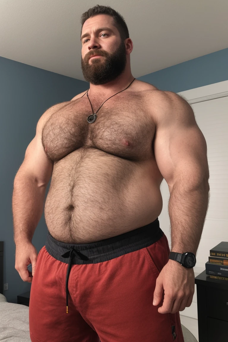 8K HDR Very Extremely Realistic Very Detailed High Quality 8K HDR Very Realistic 46 year old daddy rugged beefy big thick chubby bodybuilder muscle bears man, 8KHDR very realistic beared big daddy muscle bear,  and 8KHDR very realistic detailed rugged burly man in shorts, 8KHDR very realistic hair, 8KHDR very realistic beards, 8KHDR very realistic thick chubby fat neck, 8KHDR very realistic neck lines, 8KHDR very realistic detailed neck, 8KHDR very realistic burly chest, 8KHDR very realistic detailed hairy burly strong chest and arms, 8KHDR very realistic detailed hairy burly strong chest and arms, 8KHDR very realistic burly muscle bear body, 8KHDR very realistic nipples, 8KHDR very realistic burly muscle bear body, 8KHDR very realistic face, 8KHDR very realistic detailed face, 8KHDR very realistic eyes, 8KHDR very realistic detailed eyes, 8KHDR very realistic pupils, 8KHDR very realistic detailed pupils, 8KHDR very realistic head, 8KHDR very realistic waist, 8KHDR very realistic facial features, 8KHDR very realistic burly arms, 8KHDR very realistic elbows, 8KHDR very realistic hands, 8KHDR very realistic pecs, 8KHDR very realistic belly, 8KHDR very realistic human man body, 8K HDR very realistic bellybutton, 8KHDR very realistic wrists, 8KHDR very realistic fingers, 8KHDR very realistic fingernails, 8KHDR very realistic shoulders, 8KHDR very realistic mouth, 8KHDR very realistic lips, 8KHDR very realistic mens clothing, 8KHDR very realistic detailed mens clothing. 8KHDR Very Realistic Hairy Bearded Burly Muscle bear Photoshoot,  8KHDR Very Realistic Ultra-detailed, 8KHDR very realistic detailed bedroom surroundings, 8KHDR very realistic surroundings lighting, No Deformities, An ultra-realistic photograph captured with a Sony α7 III camera, equipped with an 85mm lens in F 1.2 aperture, The cutting-edge Midjourney v5, ( best quality, highres, realistic:1.37), Super real detailed skin, Ultra-detailed, Photorealistic 1.4, hyper photorealism, 8K HDR Clear HDR Quality, 