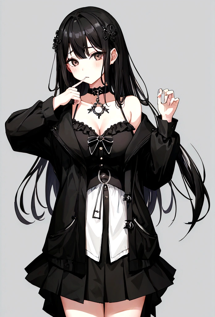 score_9, score_8_up, score_7_up, front view, solo, 1girl, mwophelia, mole under mouth, black lips, looking at viewer, standing, hands together, black camisole, fishnets, detached sleeves, black skirt, plaid skirt, black thighhighs, black choker, cross necklace, bracelet, nail polish, black nails, bare shoulders, cleavage, indoors, hallway 