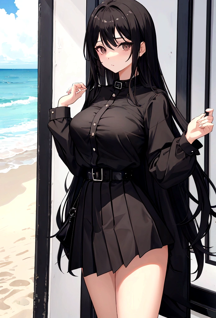 Girl in black skirt,at the seaside,Black long hair girl,National Trend,Large Breasts