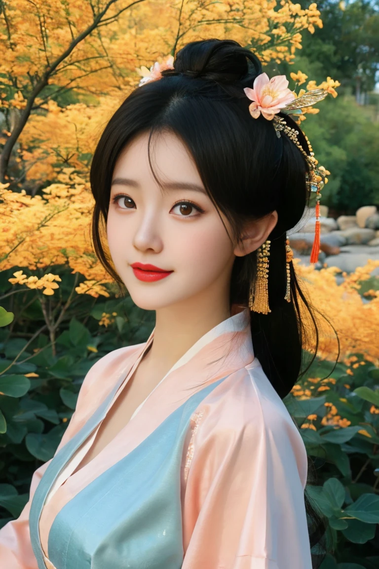 best quality, tmasterpiece,Ultra-high resolution,Clear face,(Reality:1.4),ferpect lighting,(upper body photo), (photorealistic:1.50), anime wallpaper, Guviz style artwork, cover-up fantasy up to magic , by Yang J, Guviz, beautiful artwork illustration, beautiful digital artwork, beautiful digital illustration, Li Song, beautiful anime portrait, art style in Beauvot, 1girl, 独奏, yellow eyes, Double eyelids, Blush, Cheeks flushed, 24yo chinese female,
Hanfu-song, Hanfu, song theme, chinese clothes, multicolored dress,
jewelry, flower earrings, hair ornament, necklace, hair flower,
long hair, single hair bun, updo, hair up,
looking at viewer, light smile, full body, sitting on rock, adjusting hair,
flower, photo background, outdoors, butterfly, tree, peach blossom, wind, falling petals,