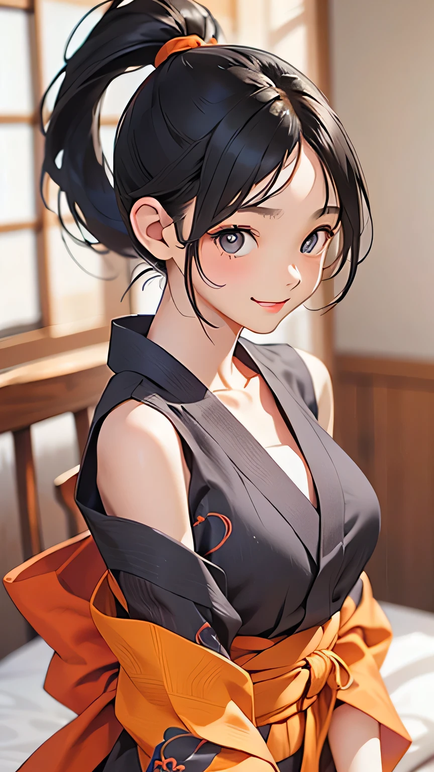 highest quality、Realistic、woman、summer night、Gray Eyes、ponytail、all back、Black Hair、Orange Lingerie、Dark blue yukata、Open yukata、Tanned black body、Tan Skin、Brown black skin、Dark skin、slender、Large Breasts、smile、Bust Shot
