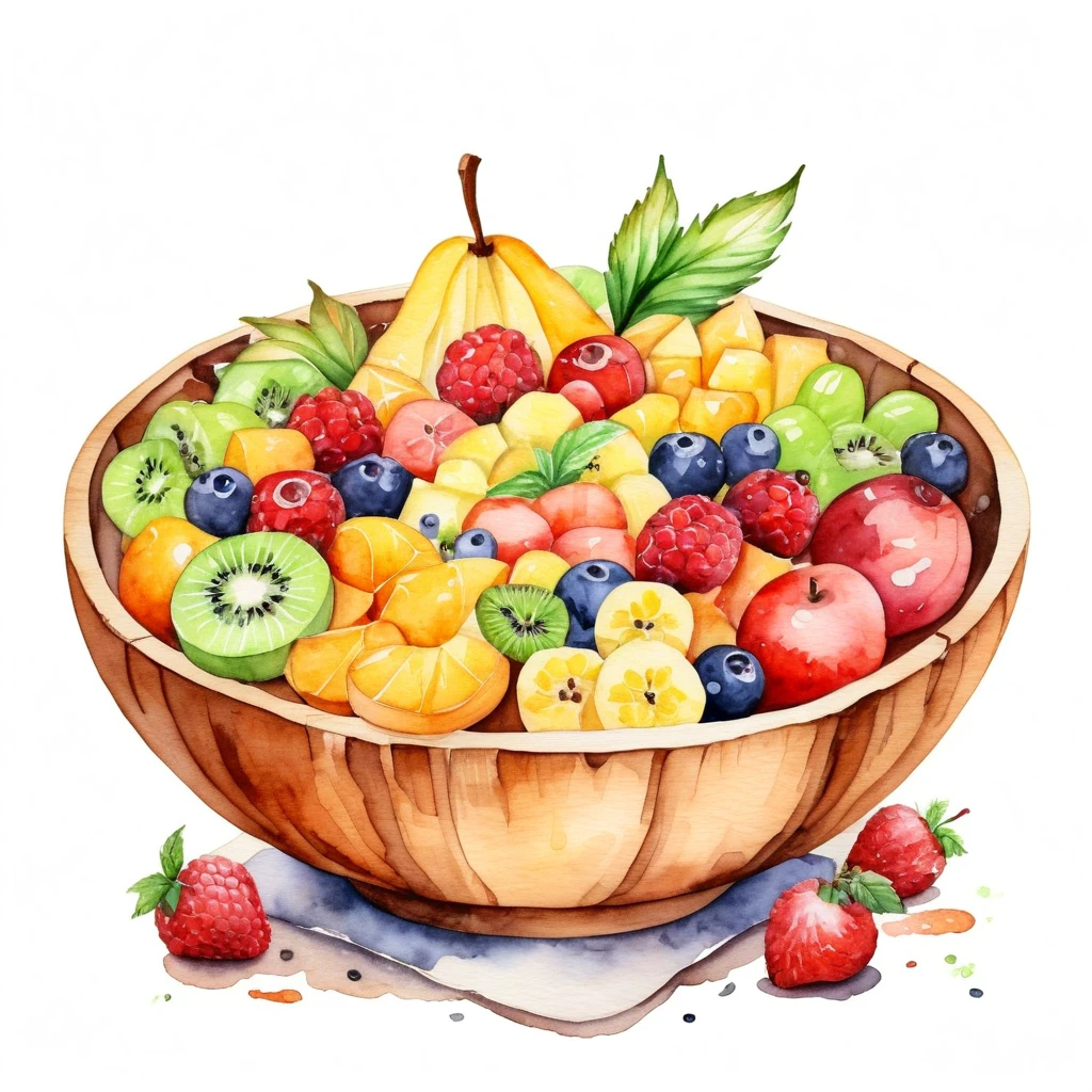 a painting of a wooden bowl of delicious fruit salad , ((watercolor)), cartoon style, solid white background, center composition, negative space around the object, washed out natural color, detailed masterpiece, loose drawing, clipart, natural color, cinematic