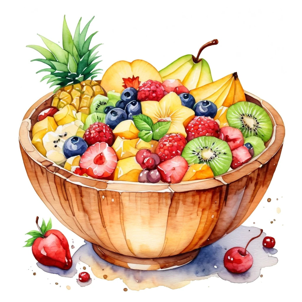 a painting of a wooden bowl of delicious fruit salad , ((watercolor)), cartoon style, solid white background, center composition, negative space around the object, washed out natural color, detailed masterpiece, loose drawing, clipart, natural color, cinematic
