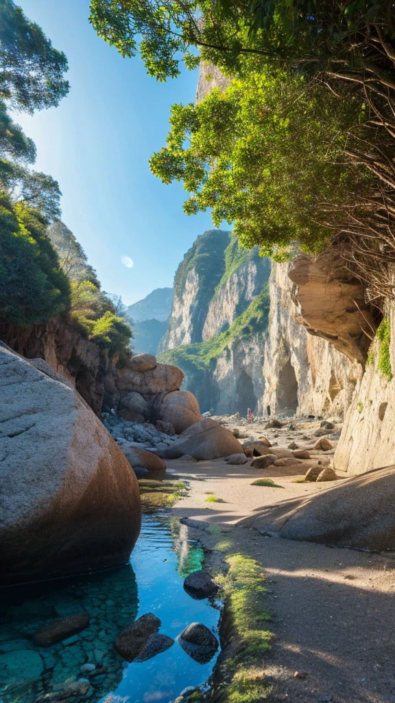 there is a rainbow in the sky over a beach with rocks and pebbles, seashore, Alpine Forest Landscape Photo，Steep mountain roads，Clear and transparent lake，wood，Bushes，Fallen leaves，Dawn Sun，Kasumi，Cliffs and mountains，Dilapidated，Lonely，cold，Foggy sky，Not a dazzling morning sun，Nightmare vision，Dark fantasy plot，Perfect and excellent composition，8K resolution，detailed，restricted，close ultra-wide angle shot，Realistic，Beautiful sky,Colorful clouds float，True to life, The private parts are clearly visible, Perfect perfection, Digital single-lens reflex camera, 1024, 2048, 4096, detailedな, sharp, Best Quality, high quality, Absurd，Unattended background，Very detailed、detailedな照明の影，Art Station Trends、Complex、expensivedetailed、dramatic、（Volumetric Lighting：1.2）HDR shot。（close，Super Depth of Field，Ultra Wide Angle，Microfocal Lenses：1.2）（Realistic：1.4）Masterpiece、expensive、expensive品質、beautiful photo，Global illumination magical beach, sunny rainbow galaxy stormy sea, by Igor Grabar, colorful hd picure, near the seashore, rainbow reflections, just one rainbow 8 k, beach landscape, still of rainbow ophanim, calm vivid colors, by Marie Bashkirtseff, beautiful beach