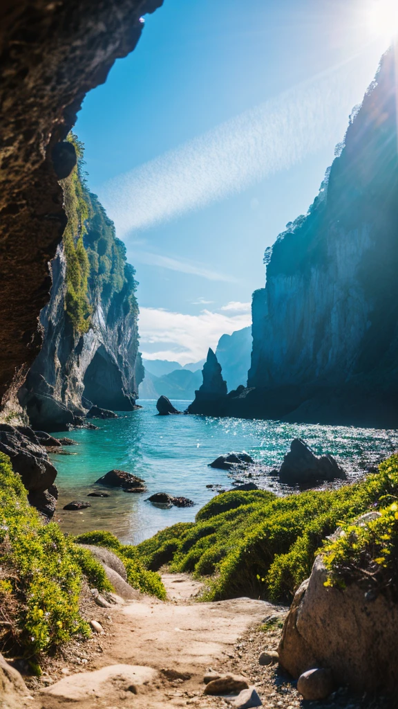 there is a rainbow in the sky over a beach with rocks and pebbles, seashore, Alpine Forest Landscape Photo,Steep mountain roads,Clear and transparent lake,wood,Bushes,Fallen leaves,Dawn Sun,Kasumi,Cliffs and mountains,Dilapidated,Lonely,cold,Foggy sky,Not a dazzling morning sun,Nightmare vision,Dark fantasy plot,Perfect and excellent composition,8K resolution,detailed,restricted,close ultra-wide angle shot,Realistic,Beautiful sky,Colorful clouds float,True to life, The private parts are clearly visible, Perfect perfection, Digital single-lens reflex camera, 1024, 2048, 4096, detailedな, sharp, Best Quality, high quality, Absurd,Unattended background,Very detailed、detailedな照明の影,Art Station Trends、Complex、expensivedetailed、dramatic、(Volumetric Lighting:1.2)HDR shot。(close,Super Depth of Field,Ultra Wide Angle,Microfocal Lenses:1.2)(Realistic:1.4)Masterpiece、expensive、expensive品質、beautiful photo,Global illumination magical beach, sunny rainbow galaxy stormy sea, by Igor Grabar, colorful hd picure, near the seashore, rainbow reflections, just one rainbow 8 k, beach landscape, still of rainbow ophanim, calm vivid colors, by Marie Bashkirtseff, beautiful beach