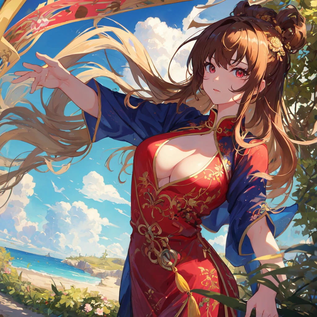 (best quality), masterpiece, Extremely detailed CG8K painting, high color, Extremely high color saturation, All colors are deepened, central composition, Extremely detailed light and shadow, The face and eyes are very detailed, medium length hair, sportswear, colorful clouds，beautiful nature，landscape，cheongsam，Chinese hairstyle，red eyes，Medium breasts，Long legs are exposed，Show cleavage，Clothes with holes in the chest