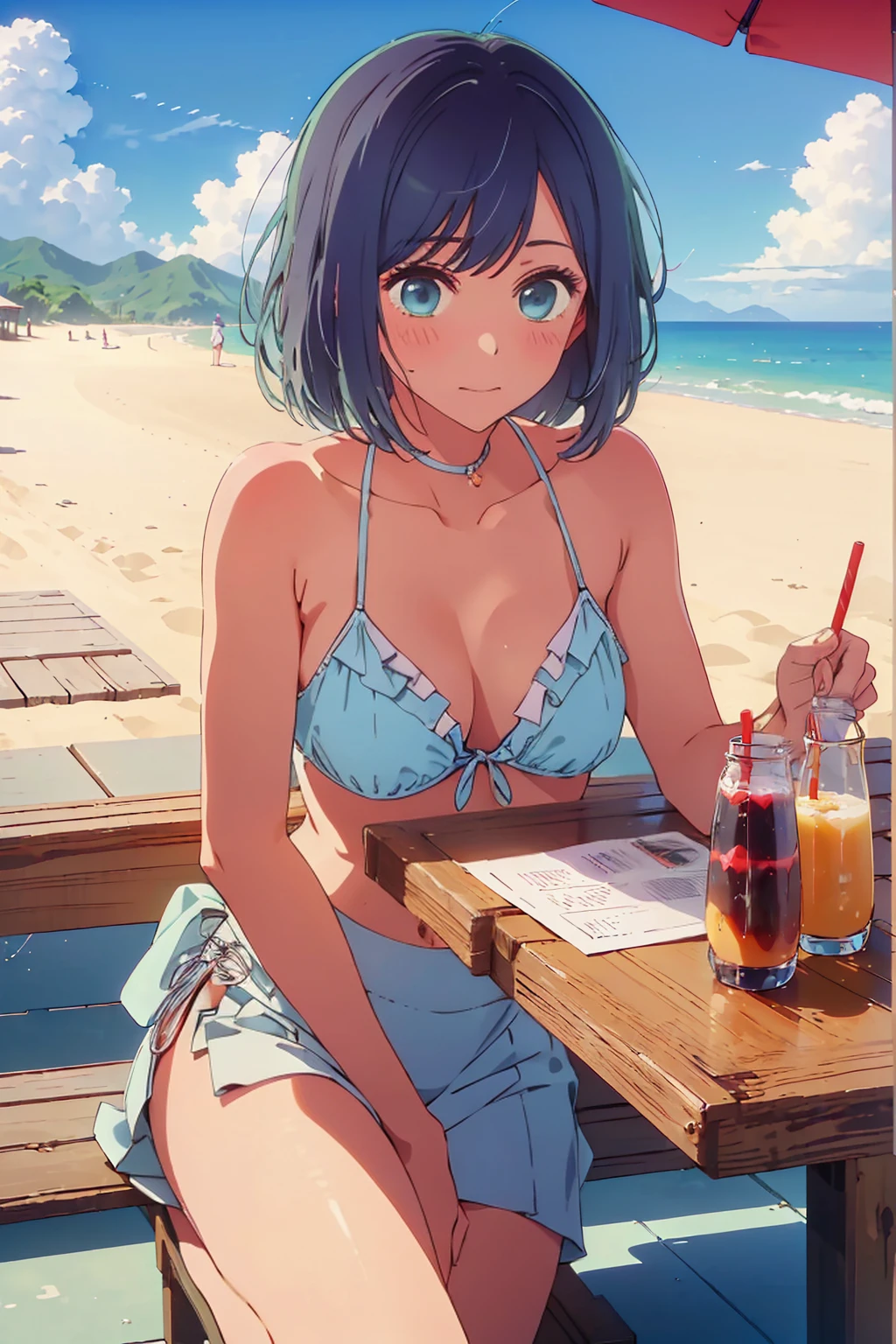 (Highest quality:1.4、masterpiece:1.4、Super detailed:1.4、8K:1.4)、((((1 person、Surprised expression、sit、Outdoor café terrace、coastal、juice、table、Sandy Beach、juiceのグラスを持つ、Plain Bikini、The depth of the written world、Very soft boobs、Big eyes、Very cute face))))、F cup bust、Medium breast