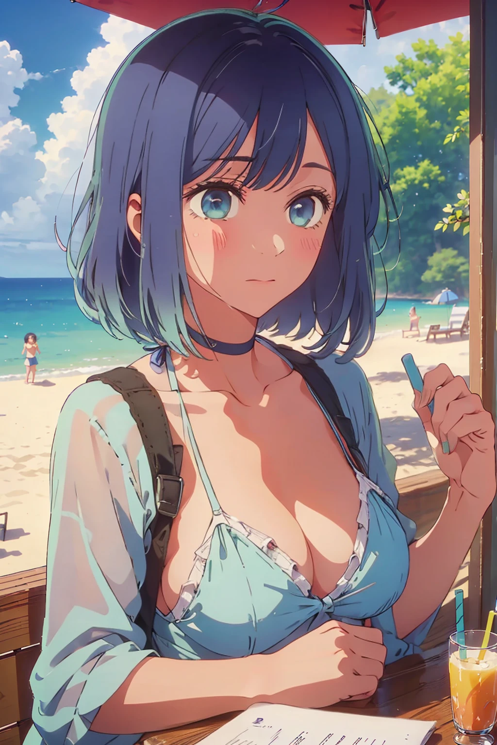 (Highest quality:1.4、masterpiece:1.4、Super detailed:1.4、8K:1.4)、((((1 person、Surprised expression、sit、Outdoor café terrace、coastal、juice、table、Sandy Beach、juiceのグラスを持つ、Plain Bikini、The depth of the written world、Very soft boobs、Big eyes、Very cute face))))、F cup bust、Medium breast