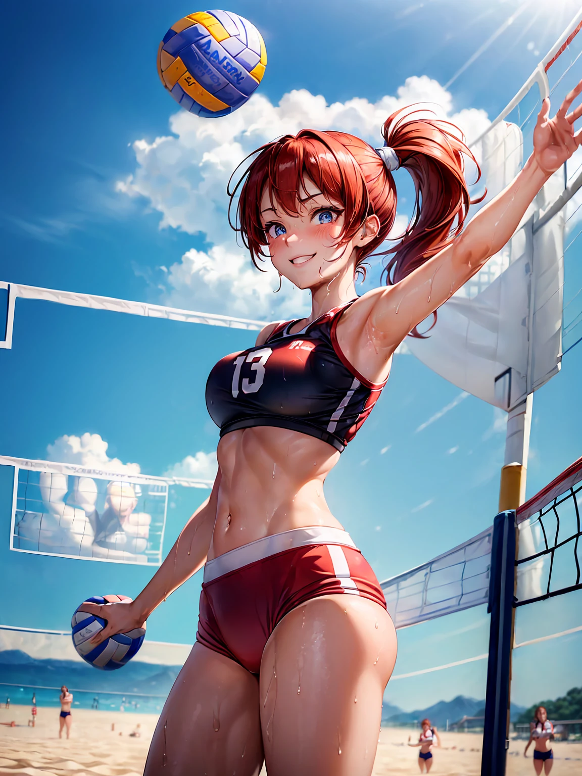 masterpiece, best quality, (lineart, anime screencap, sketch:1.1), (1girl, solo:1.3), (red hair, side ponytail, ponytail, hair swaying from the wind:1.3), (blue eyes, bright pupils, sparkling eyes:1.2), (wearing sports bra, sports underwear:1.4), (volleyball), (detailed hands, shiny skin, oily skin, wet skin, sweaty skin:1.4), (smile, full body shot, standing, holding volleyball:1.5), light particles, (scenery, outdoors, beach, day time:1.2), bokeh, 200mm lens,