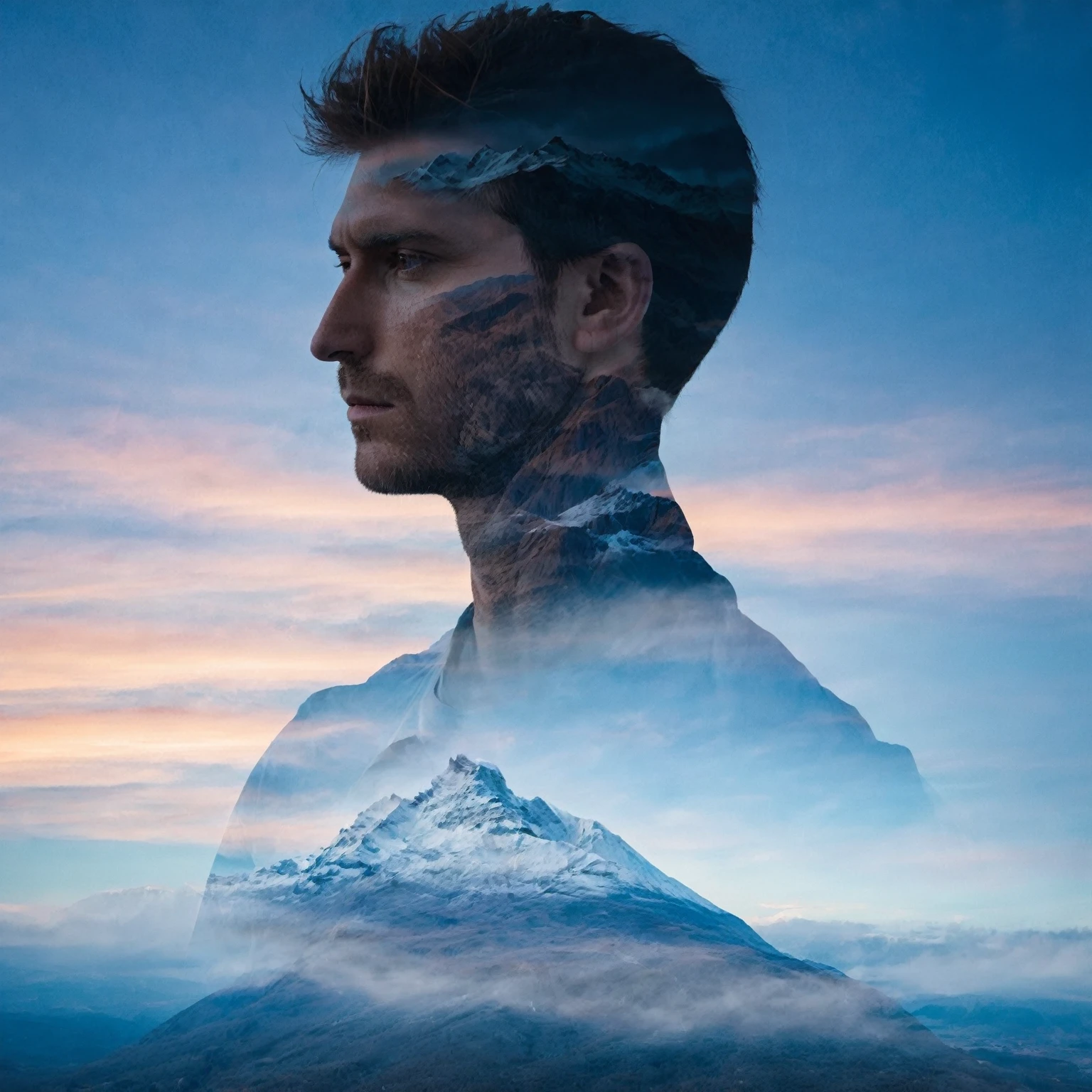 Double Exposure style of a man blended with a mountain