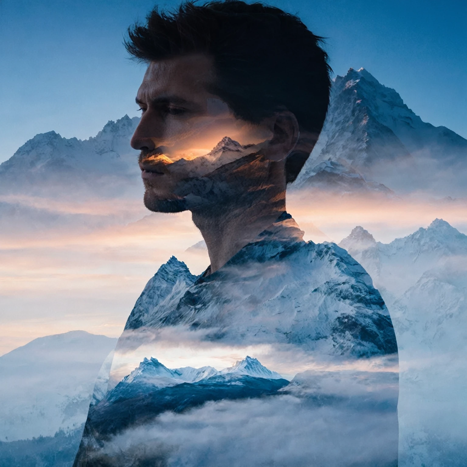 Double Exposure style of a man blended with a mountain