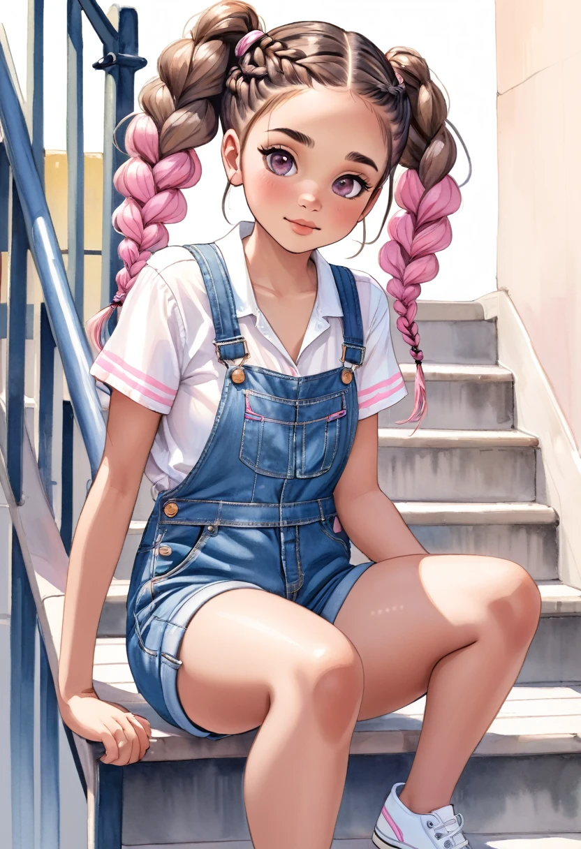 desenho aquarela, uma linda menininha de cabelos castanhos e olhos azuis, She wears denim overalls with a white blouse with pink stripes, she wears braids in her hair, she is slipping on a stair railing, ela parece estar se divertindo