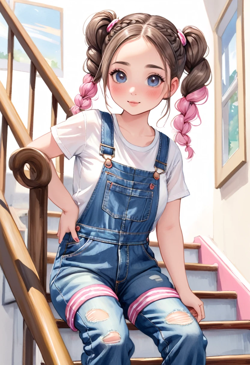 desenho aquarela, uma linda menininha de cabelos castanhos e olhos azuis, She wears denim overalls with a white blouse with pink stripes, she wears braids in her hair, she is slipping on a stair railing, ela parece estar se divertindo