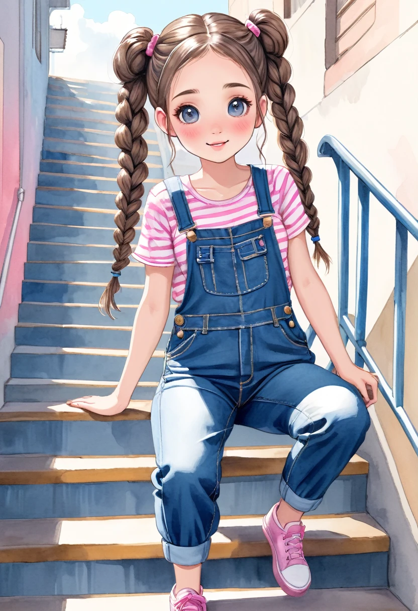 desenho aquarela, uma linda menininha de cabelos castanhos e olhos azuis, She wears denim overalls with a white blouse with pink stripes, she wears braids in her hair, she is slipping on a stair railing, ela parece estar se divertindo